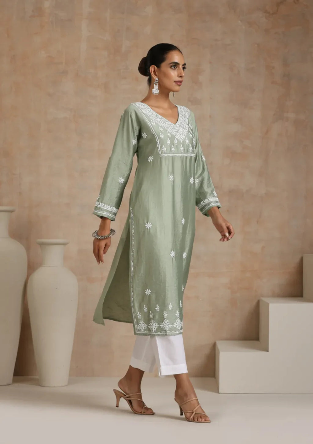 Chanderi Chikankari Solid
Women's Long Kurta - Green