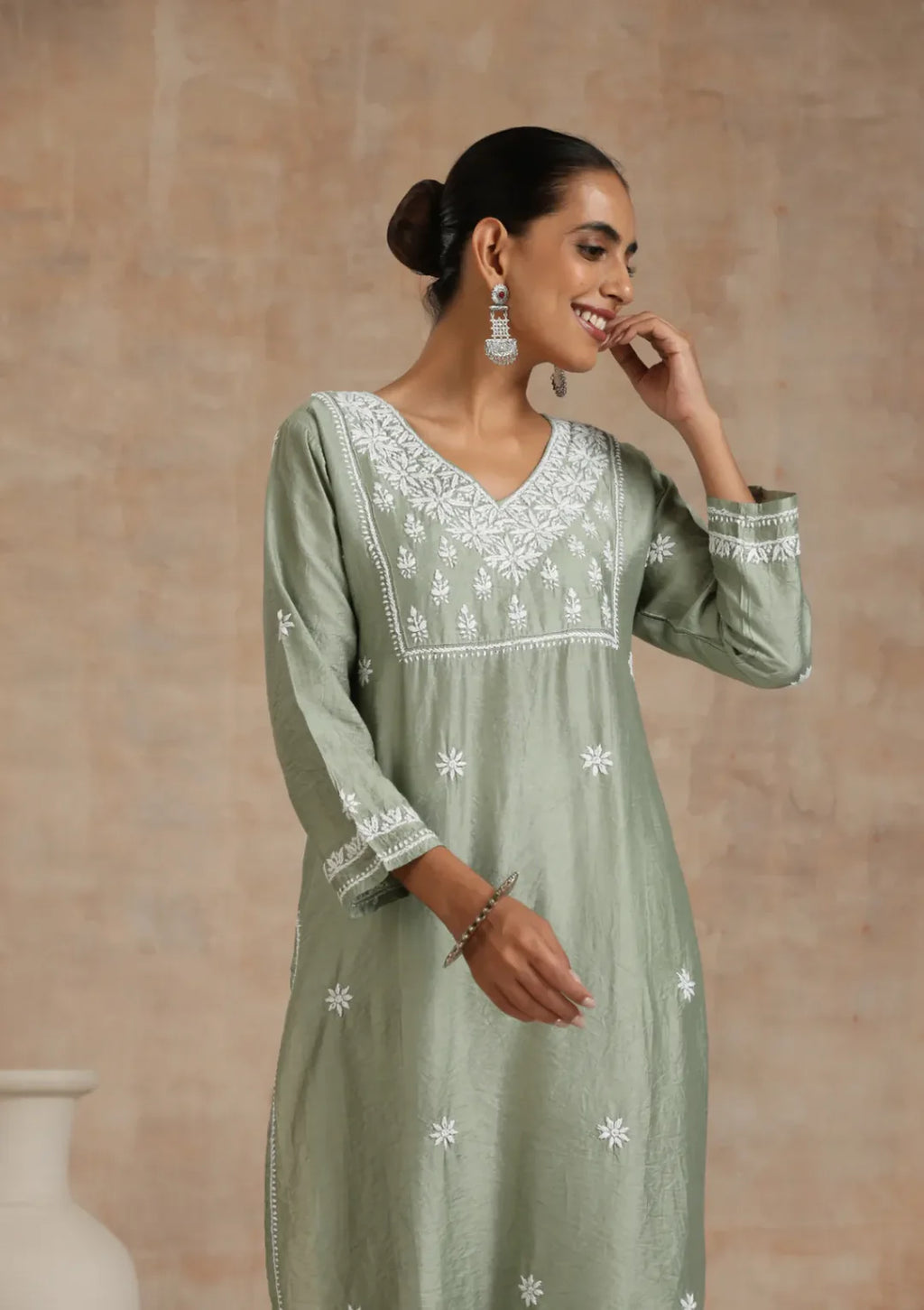 Chanderi Chikankari Solid
Women's Long Kurta - Green