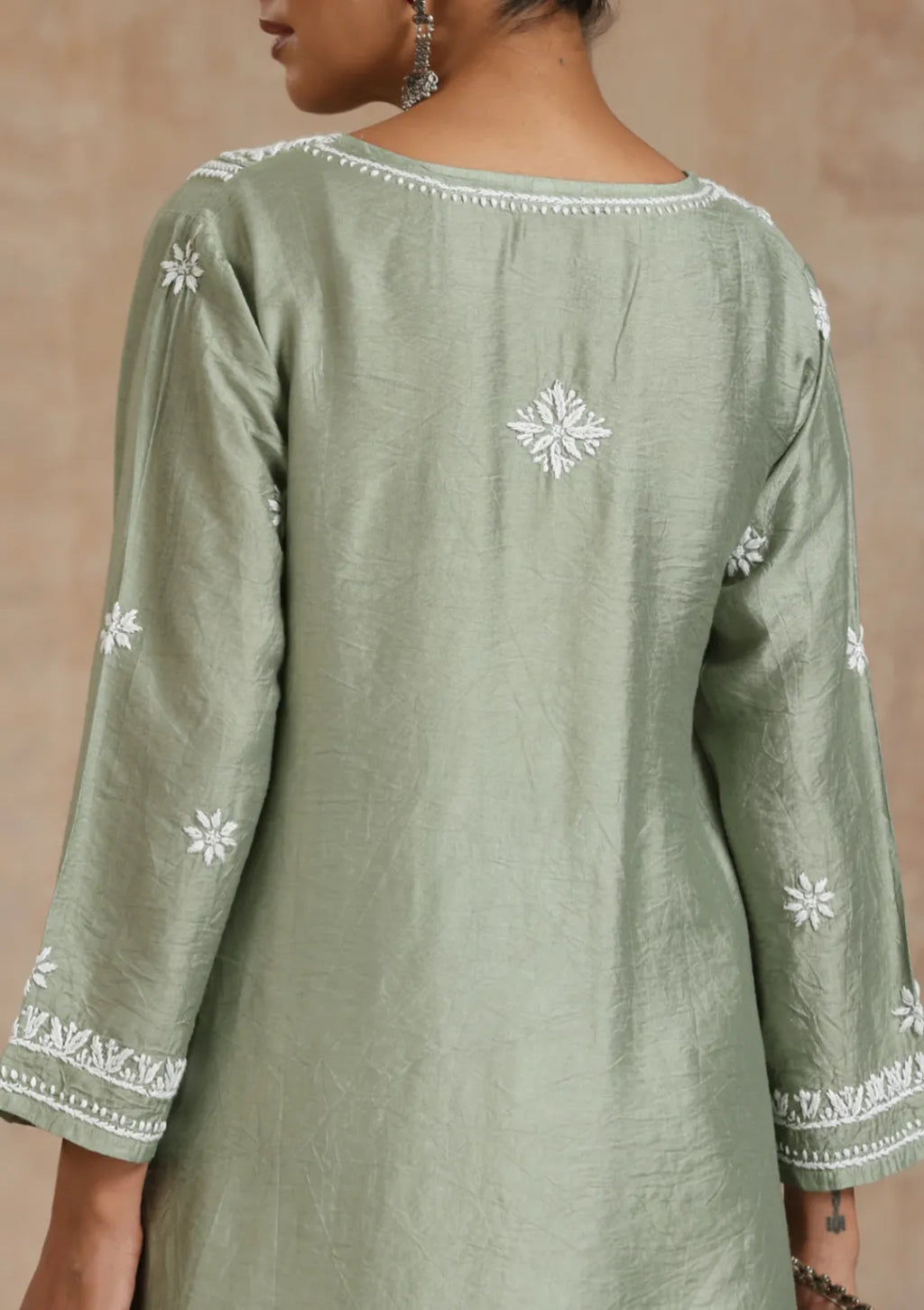 Chanderi Chikankari Solid
Women's Long Kurta - Green