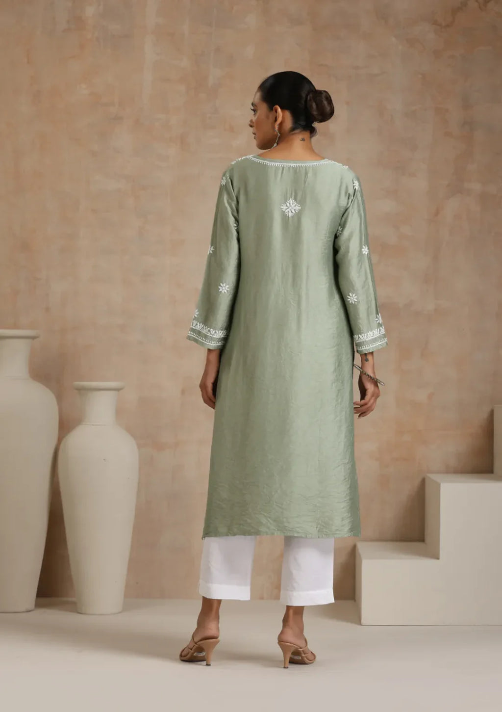 Chanderi Chikankari Solid
Women's Long Kurta - Green