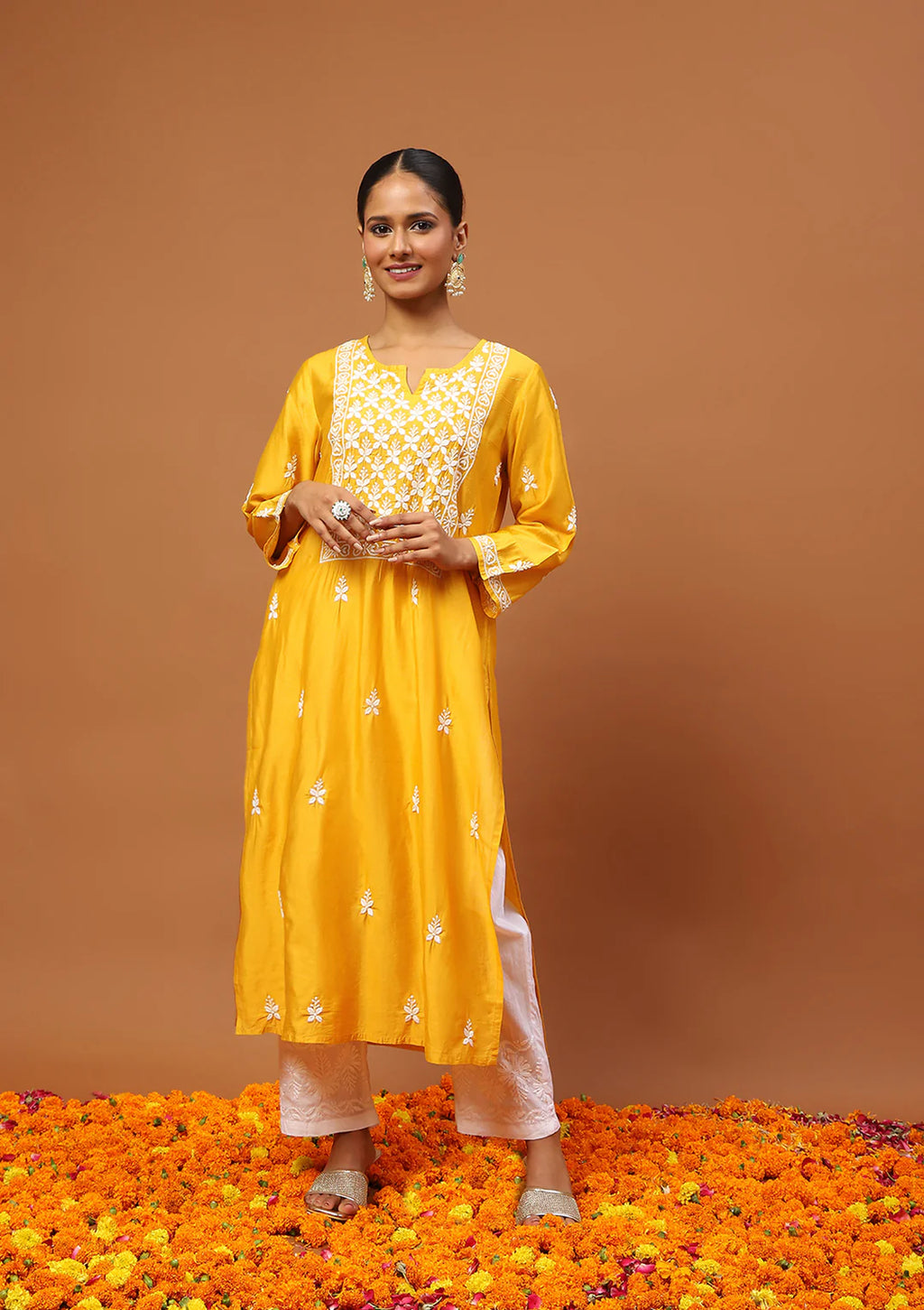 Chanderi Chikankari Solid Women's Long Kurta -Mustard