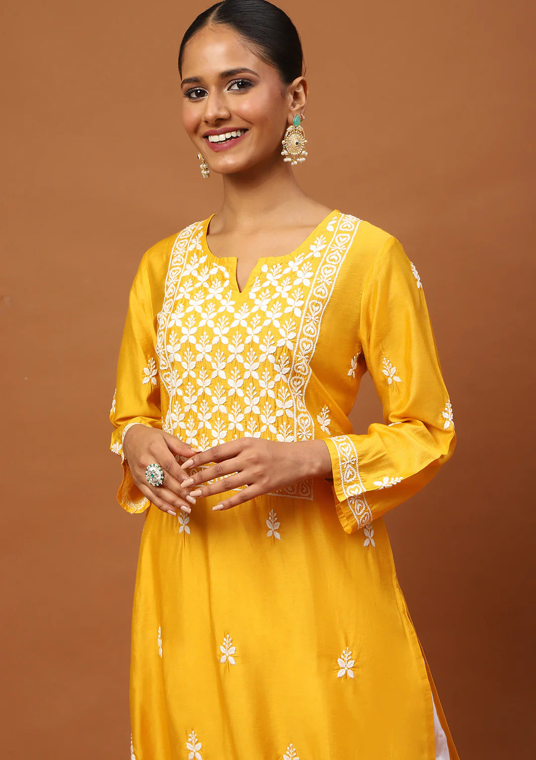 Chanderi Chikankari Solid Women's Long Kurta -Mustard