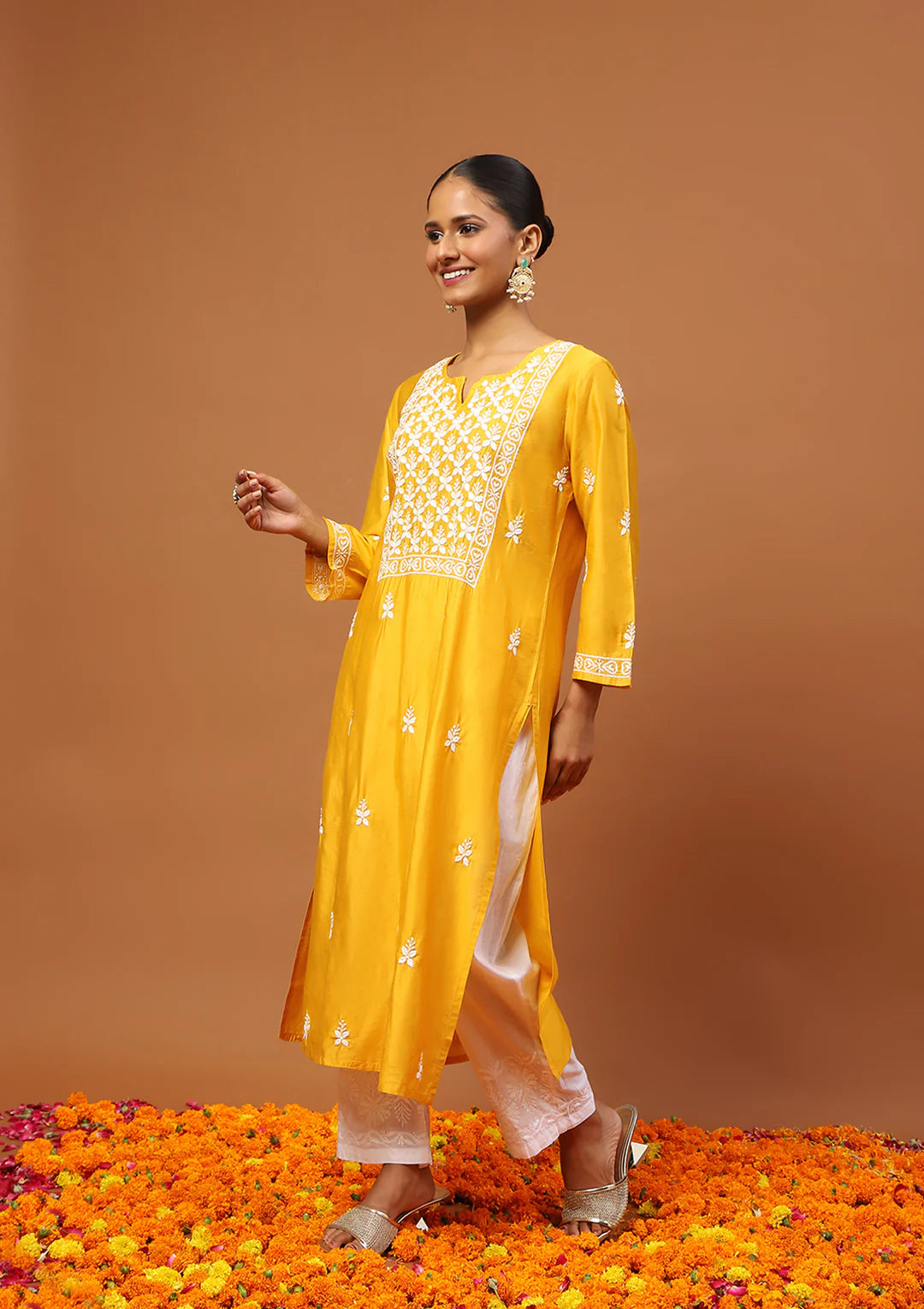 Chanderi Chikankari Solid Women's Long Kurta -Mustard