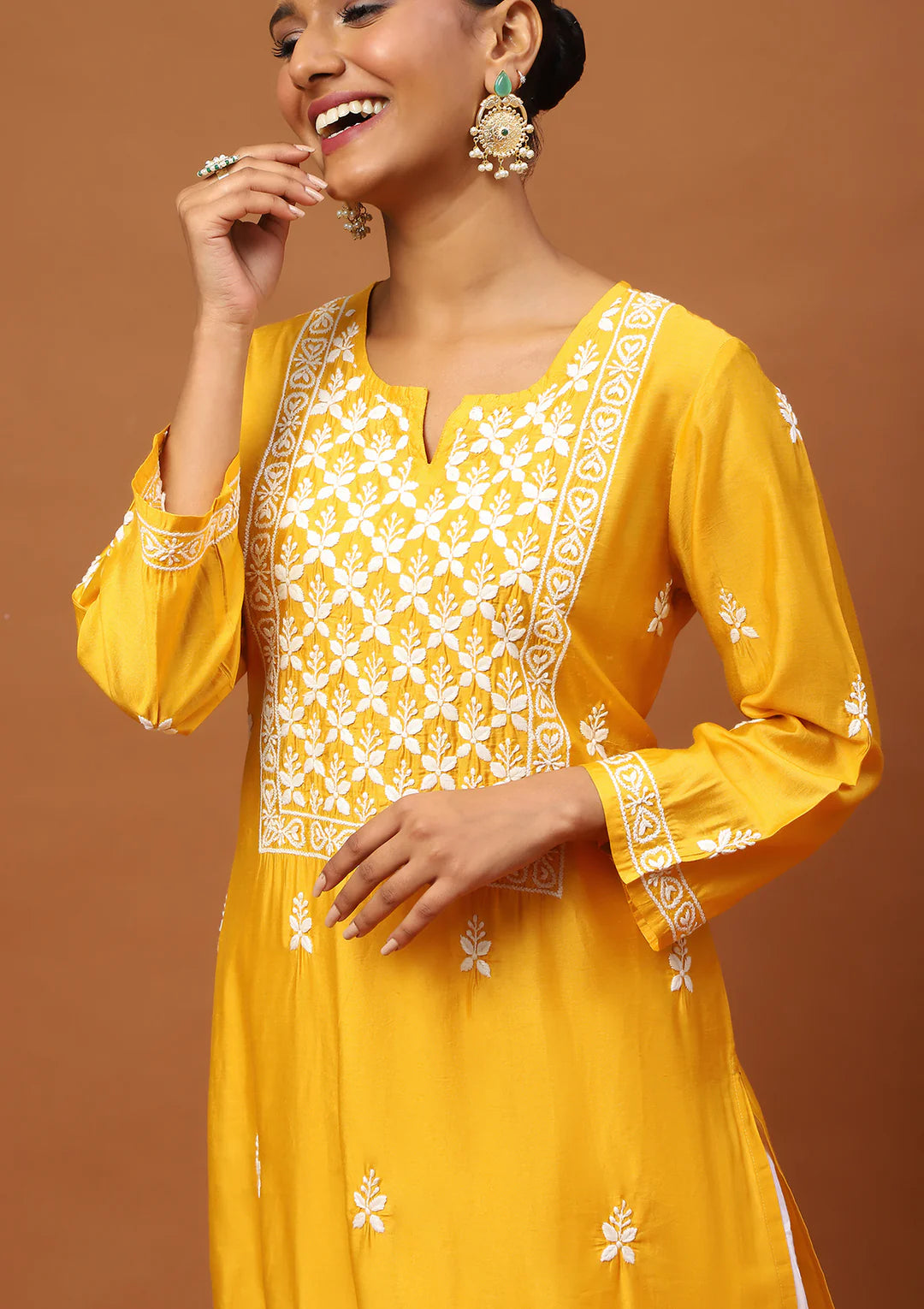 Chanderi Chikankari Solid Women's Long Kurta -Mustard
