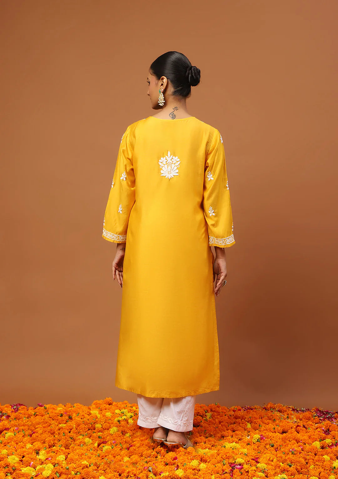 Chanderi Chikankari Solid Women's Long Kurta -Mustard