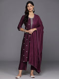 Burgundy Embroidered Silk Blend Straight Suit With Dupatta